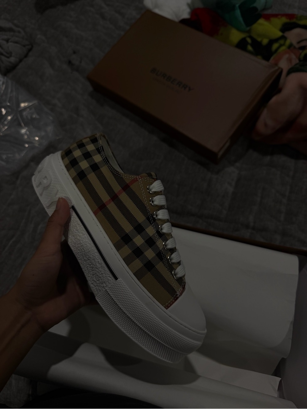 Burberry Beige Plaid Platform Low-Top Sneaker with White Sole